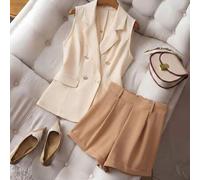 Damen Hellaprikot Doppelreiher Weste Jacke & Khaki Shorts, charmant elegante Alltags-/Urlaubsmode im französischen Retro-Stil, vielseitig einsetzbar f