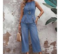 Damen Hellblau Ärmelloses Top und Lange Hose Zweiteiler Outfit, Ärmellose Schößchen-Weste mit Schlitz + Weite Caprihose mit Knopfdetail an der Seite
