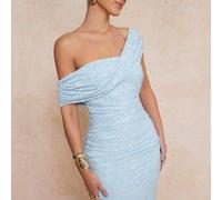 Damen Hellblau Sommer Elegant Hochzeitsgast Ein-Schulter Gestricktes Jacquard Gerafftes Bodycon Maxikleid, Old Money Stil Schlitz Abschlussball Party