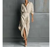 Damen helles Khaki einfarbiges lockeres Hemd + hochbund Wickel-Schlitz Midi-Rock elegantes Pendler 2 Stücke Set