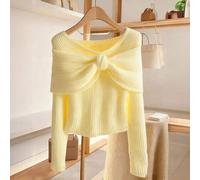 Damen Hellgelbes Rundhals Strick Geripptes Dehnbar Passform Schleife Schal Langarm T-Shirt, strukturierter Rippstoff, geeignet für Herbst und Winter A