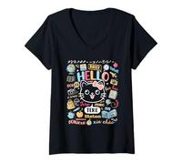 Damen Hello Word in verschiedenen Sprachen Reise- und Lehrerkätzchen T-Shirt mit V-Ausschnitt