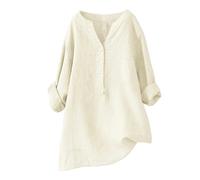 Damen Hemd Bluse Locker V-Ausschnitt Knopfleiste Baumwolle Leinen Lässig Lockere Passform Elegant Oberteil Langarm Casual Shirt Einfarbig Ärmelkragen Mode Damenhemd