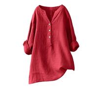 Damen Hemd Bluse Locker V-Ausschnitt Knopfleiste Baumwolle Leinen Lässig Lockere Passform Elegant Oberteil Langarm Casual Shirt Einfarbig Ärmelkragen Mode Damenhemd