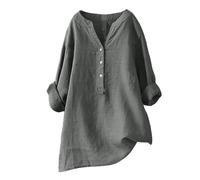 Damen Hemd Bluse Locker V-Ausschnitt Knopfleiste Baumwolle Leinen Lässig Lockere Passform Elegant Oberteil Langarm Casual Shirt Einfarbig Ärmelkragen Mode Damenhemd