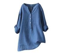 Damen Hemd Bluse Locker V-Ausschnitt Knopfleiste Baumwolle Leinen Lässig Lockere Passform Elegant Oberteil Langarm Casual Shirt Einfarbig Ärmelkragen Mode Damenhemd