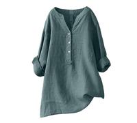 Damen Hemd Bluse Locker V-Ausschnitt Knopfleiste Baumwolle Leinen Lässig Lockere Passform Elegant Oberteil Langarm Casual Shirt Einfarbig Ärmelkragen Mode Damenhemd