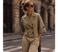 Damen-Hemd für Frühling/Sommer in Khaki, doppelt geknöpft, Kurzarm, locker geschnitten, mit Revers, verkürztes Top mit Knopfleiste