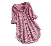 Damen Hemd Langarm Hemdbluse Streifenbluse Tunika Hemd Elegant Sommer Longshirt Blau-Weiß Gestreifte Lang Longbluse Große Größen Business Stehkragen Leicht Oberteile Tops Langarmshirt
