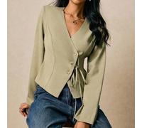 Damen Hemd mit asymmetrischer Knopfleiste und Schleife, grünes Hemd, Damenjacke, Damenblazer, lässige elegante Pendler-Bluse in Unifarbe mit schräger