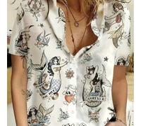 Damen Hemd mit regulären Ärmeln und Knöpfen, mit lebendiger Meerjungfrau- und nautischer Tattoo-Grafik