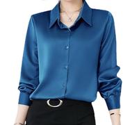 Damen-Hemd mit V-Ausschnitt, Acetat-Satin-Seide, große Größe, langärmelig, Button-Down-Bluse, OL, Hemden, Büro, lässiges Oberteil, blau, 50