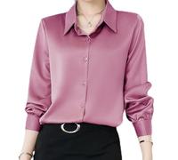 Damen-Hemd mit V-Ausschnitt, Acetat-Satin-Seide, große Größe, langärmelig, Button-Down-Bluse, OL, Hemden, Büro, lässiges Oberteil, rose, 46