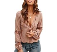 Damen Hemd sexy Spitze tiefer V-Ausschnitt Langarm Blusen mit Ausschnitt lockere lässige Tunika Oberteile einfarbige T-Shirts (C-Rosa/S)
