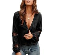Damen Hemd sexy Spitze tiefer V-Ausschnitt Langarm Blusen mit Ausschnitt lockere lässige Tunika Oberteile einfarbige T-Shirts (B-Schwarz/XL)