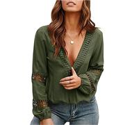Damen Hemd sexy Spitze tiefer V-Ausschnitt Langarm Blusen mit Ausschnitt lockere lässige Tunika Oberteile einfarbige T-Shirts (D-Grün/M)