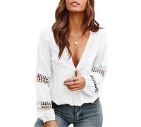 Damen Hemd sexy Spitze tiefer V-Ausschnitt Langarm Blusen mit Ausschnitt lockere lässige Tunika Oberteile einfarbige T-Shirts (A-weißer/XL)