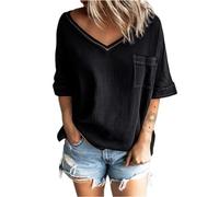 Damen Hemden mit V-Ausschnitt halblangen Ärmeln lockere Bluse einfarbige Oberteile Elegante Blusen mit kurzen Ärmeln Tunika Oberteile Sommer Casual T-Shirts lässige Schlichte Oberteile mit Taschen