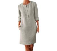 Damen Hemdkleid aus Baumwolle und Leinen mit Knopfleiste, Übergröße, Rundhalsausschnitt, langärmelig, lässig, lockere Kleider mit zwei Taschen, legere Damenkleider, grau, S