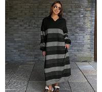 Damen Hemdkragen Loose Gestreiftes Pulloverkleid, Lässiges Langes Gestricktes Kleid