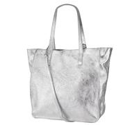 Damen Henkeltasche aus Echtleder - Mittelgroßer Shopper mit Schulterriemen - Handtasche Schultertasche mit Reißverschluss und Innenfach 37x13x29 cm Lili G555 (Silber)