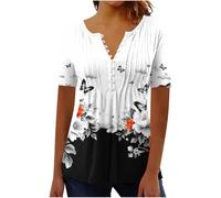 Damen Henley Shirt 2026 Komfortabel Baumwolle T-Shirts V-Ausschnitt Tuniken Tops Knöpfe Bluse Kurzarm Große Größen Sommer Oberteile Kleidung Blumen Bluses Longshirt Elegant Falten Tunika