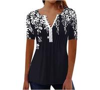 Damen Henley Shirt Komfortabel Baumwolle T-Shirt Damen V-Ausschnitt Tunika Tops Knöpfe Bluse Kurzarm Sommer Oberteile Blumen Bluse Longshirt Frauen Tshirt Elegant Falten Tunika