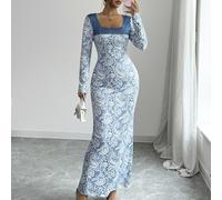 Damen Herbst 3D Faux Spitze Muster Quadratischer Ausschnitt Denim Effekt Langarm Slim Fit Cut Out Elegante 70er 90er inspiriertes Kleid Brunch Party B