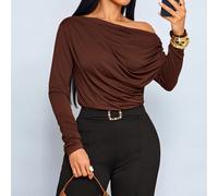 Damen Herbst Asymmetrisches Schulterfrei Drapiertes Gerafftes Langarm Top Figurbetont Wickel Lässig Reif Elegant T-Shirt Ausgehen Dating-Abend Dunkelb