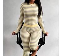 Damen Herbst Lässig Strick Gelb Grau Gestreift Kontrastfarbe Rundhals Langarm Figurbetontes Top und Tief sitzende enge 7/8 Hose 2-teiliges Set Loungew