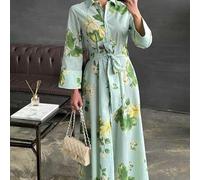 Damen Herbst Neu Blatt Muster Blume Muster Maxikleid, Lässig Elegant Bindung Taille Knopf Langes Kleid