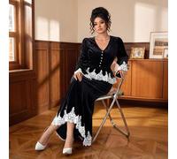 Damen Herbst Set aus schwarzem Samt und weißer Spitze mit V-Ausschnitt und Knopfleiste, Maxi-Kleid, hoch taillierter Rüschen-Swing-Rock in Knöchelläng