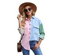 Damen Herbst und Winter Button Down Cord Shirt Oversize Langarm Revers Tunika Dünne Bluse Solid Color Top (Mehrfarbig 3,L)