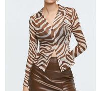 Damen Herbst V-Ausschnitt Mesh Top mit Zebra Muster, elegant & romantisch für Lässig, Pendeln, schlichte Mode Basic, Business Lässlich Bekleidung, Y2K