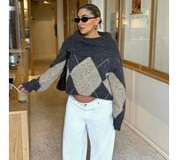 Damen Herbst/Winter Grobstrick Diamant Karomuster Western Lässig Pullover Frühling