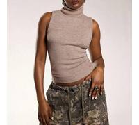 Damen Herbst/Winter Neue Rollkragen Ärmellos Eng Gerippter Haferfarbener Strickpullunder, Geeignet für den Alltag