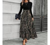 Damen Herbstkleid mit Schleifengürtel, Blatt- und Blumenpatchwork A-Linien Maxikleid Outfit für Damen