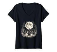 Damen Hexensabbat, Mondtanz, Gothic, Vintage-Stil, Wald, okkulte Kunst T-Shirt mit V-Ausschnitt