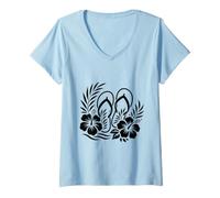 Damen Hibiskus Blumen Flip Flops Sommer Tropical Floral T-Shirt mit V-Ausschnitt