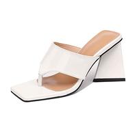 Damen High Heel Beach 8CM Chunky Heel Sandaletten Fashion Square Head Slipper Sommer,Weiß,39 EU