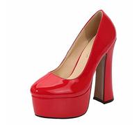Damen High Heels, 14 cm Dicker Absatz Slip on Stiletto Pumps Geschlossene Zehenschuhe High Heel Plateau Pumps Große Größe Unisex,Rot,38 EU