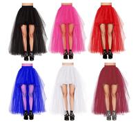 Damen High-Low Saum Tüllrock, eleganter schwarzer Mesh Volant Rock, sexy asymmetrischer flauschiger Rock im europäischen Stil, Damenmode für den Herbs