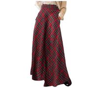 Damen High Waist Maxirock Taschen Langer A-Linie Rock Winter Midi Lang Röck Faltenrock Elegant Frauen Skirt Plaid Warm Maxi Winterrock Karierter Röck Elastische Taille Vintage Party (Red, M)