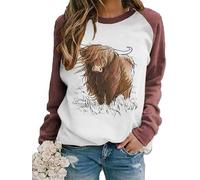 Damen Highland Cow 3D gedrucktes Sweatshirt T-Shirt Langarm Lässig Lustig Grafik Pullover Pullover Rundhalsausschnitt Tops Bluse
