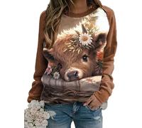 Damen Highland Cow 3D gedrucktes Sweatshirt T-Shirt Langarm Lässig Lustig Grafik Pullover Pullover Rundhalsausschnitt Tops Bluse