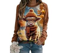 Damen Highland Cow 3D gedrucktes Sweatshirt T-Shirt Langarm Lässig Lustig Grafik Pullover Pullover Rundhalsausschnitt Tops Bluse