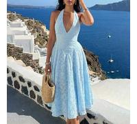 Damen himmelblau Trägerkleid in Midi-Länge | Tiefer V-Ausschnitt Blumen Jacquard fließendes Kleid geeignet für Urlaub und Fotografie im Sommer