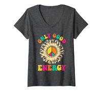 Damen Hippie ONLY Good Energy Flower Power Lustiges Sonnenblumen T-Shirt mit V-Ausschnitt, Anthrazit Meliert, XL