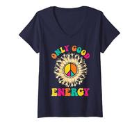 Damen Hippie ONLY Good Energy Flower Power Lustiges Sonnenblumen T-Shirt mit V-Ausschnitt, Marineblau, M