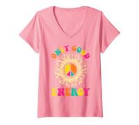 Damen Hippie ONLY Good Energy Flower Power Lustiges Sonnenblumen T-Shirt mit V-Ausschnitt, Rosa, XL